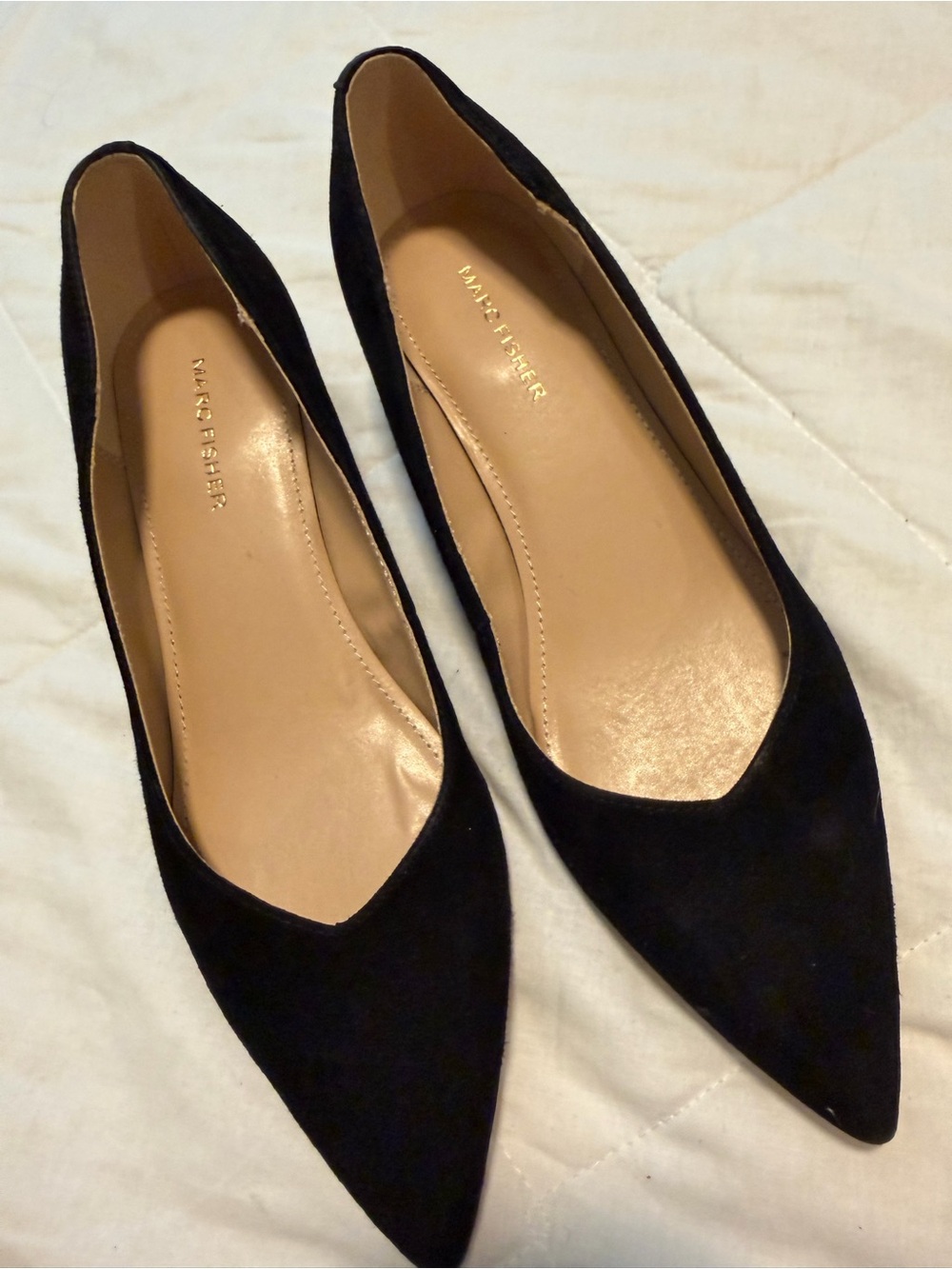 Marc Fisher Black Pointed Suede Flats with Nude Insole